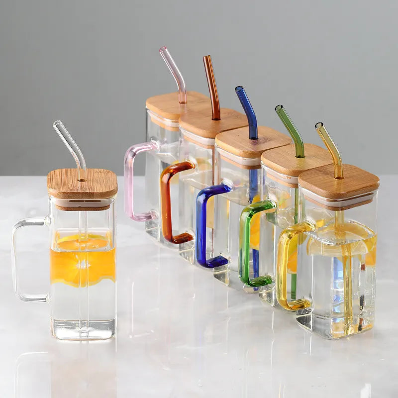 Square Glass Cup with Lid Straw Handle